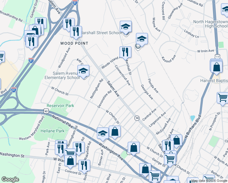 map of restaurants, bars, coffee shops, grocery stores, and more near 1111 Maryland 58 in Hagerstown
