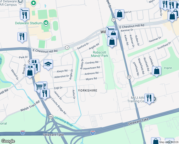 map of restaurants, bars, coffee shops, grocery stores, and more near 18 Ardmore Road in Newark