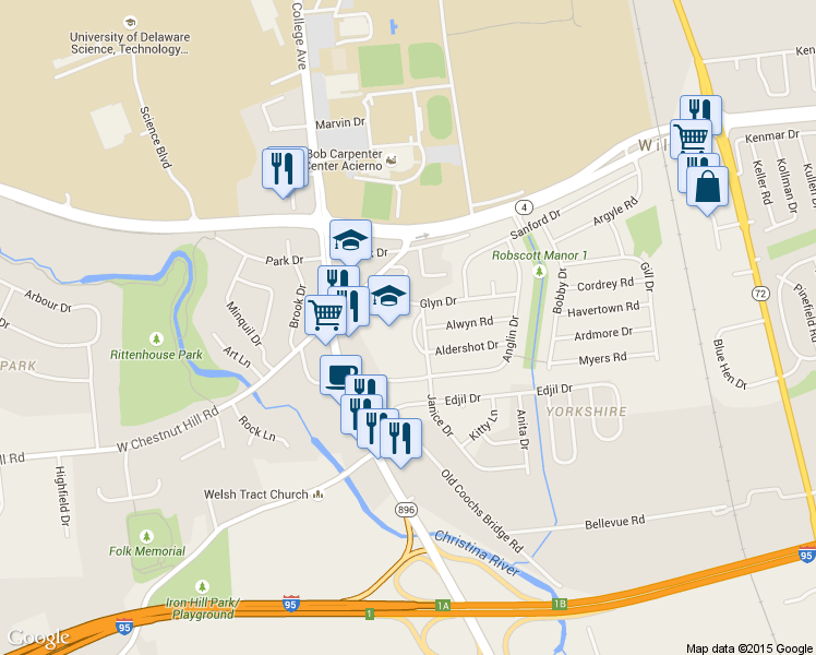 map of restaurants, bars, coffee shops, grocery stores, and more near 908 Janice Drive in Newark