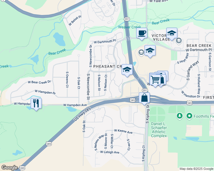 map of restaurants, bars, coffee shops, grocery stores, and more near 3342 South Nelson Court in Lakewood