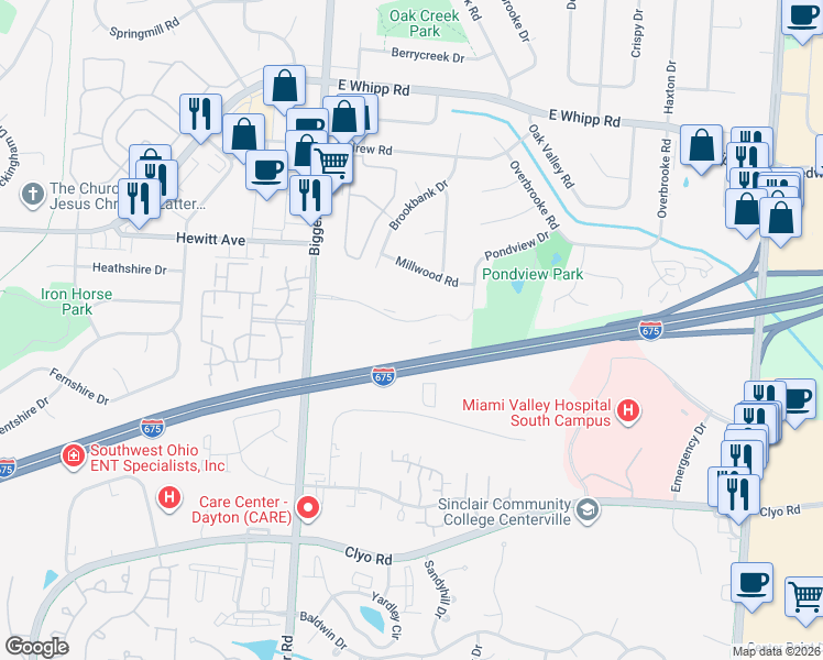 map of restaurants, bars, coffee shops, grocery stores, and more near 1840 Piper Lane in Dayton