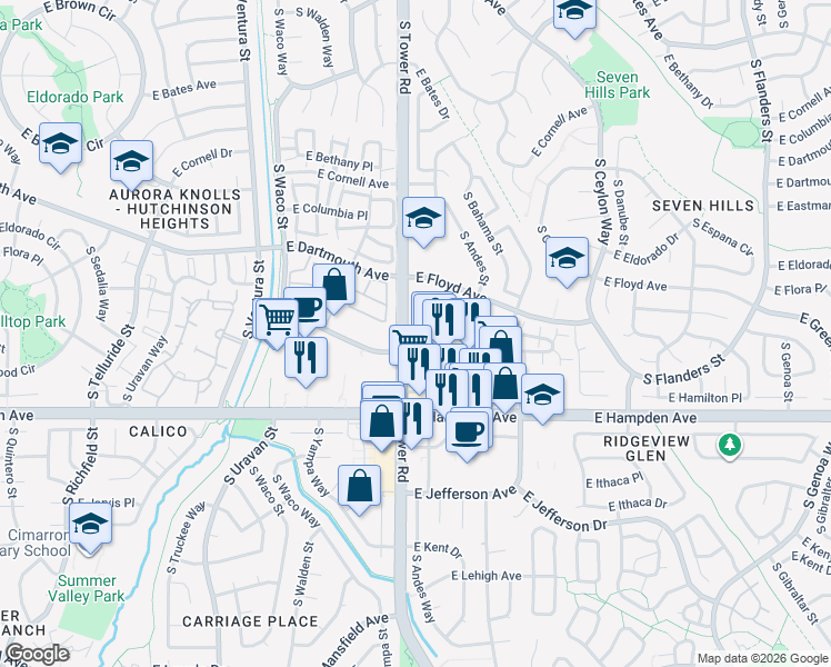 map of restaurants, bars, coffee shops, grocery stores, and more near 18558 E Hamilton Dr in Aurora