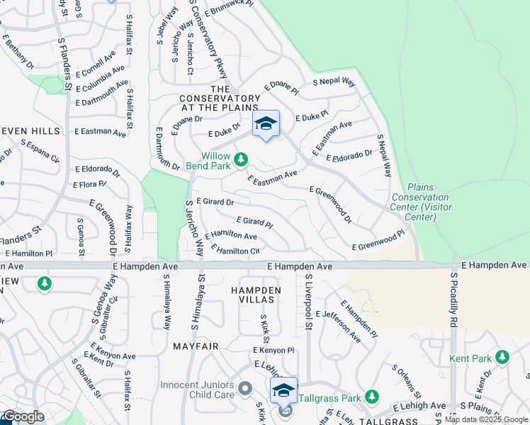 map of restaurants, bars, coffee shops, grocery stores, and more near 20742 East Girard Drive in Aurora