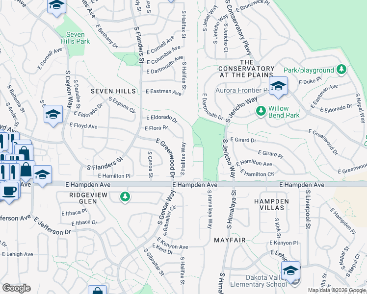 map of restaurants, bars, coffee shops, grocery stores, and more near South Halifax Way in Aurora