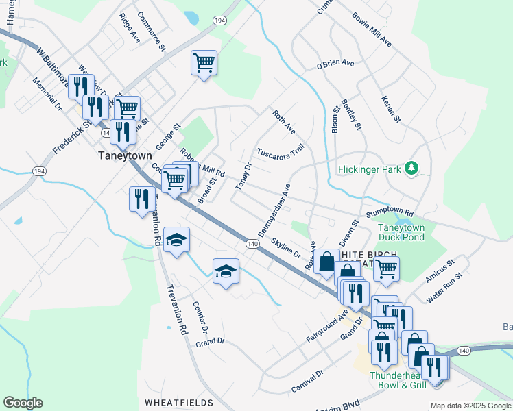map of restaurants, bars, coffee shops, grocery stores, and more near 308 Taney Heights Dr in Taneytown