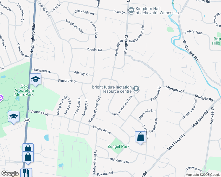 map of restaurants, bars, coffee shops, grocery stores, and more near 6362 Karlsridge Drive in Dayton