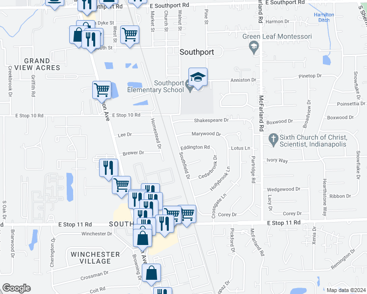 map of restaurants, bars, coffee shops, grocery stores, and more near 2610 Eddington Road in Southport