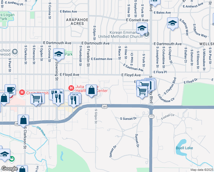 map of restaurants, bars, coffee shops, grocery stores, and more near 1801 East Girard Place in Englewood
