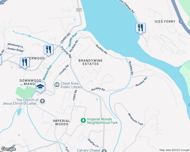 map of restaurants, bars, coffee shops, grocery stores, and more near 107 Chardonnay Drive in Morgantown