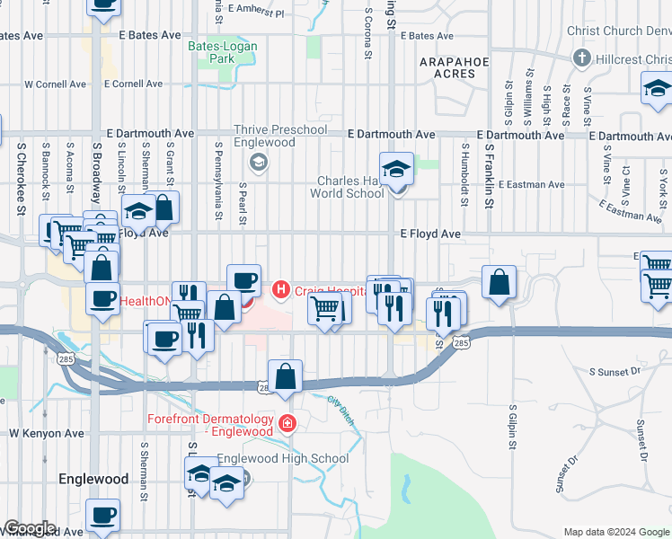 map of restaurants, bars, coffee shops, grocery stores, and more near 3371 South Ogden Street in Englewood