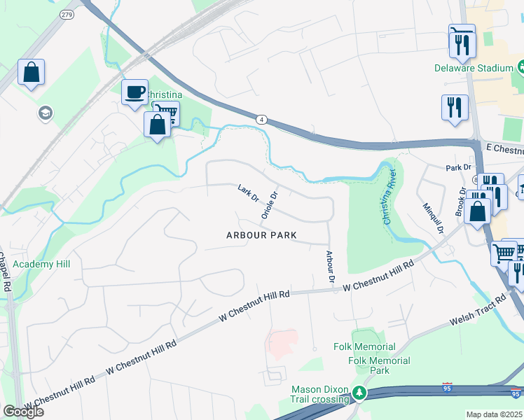 map of restaurants, bars, coffee shops, grocery stores, and more near 768 Oriole Dr in Newark