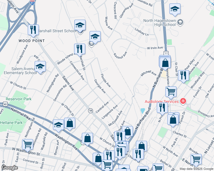 map of restaurants, bars, coffee shops, grocery stores, and more near 837 Florida Avenue in Hagerstown