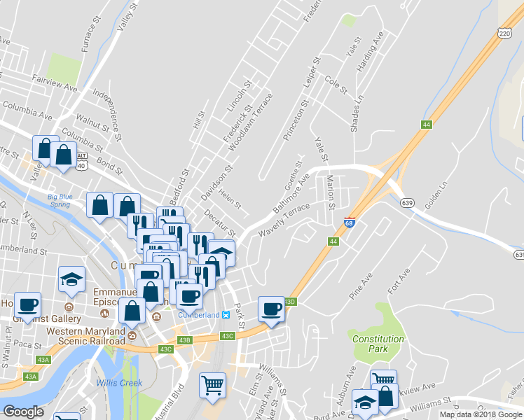 map of restaurants, bars, coffee shops, grocery stores, and more near 421 Waverly Terrace in Cumberland