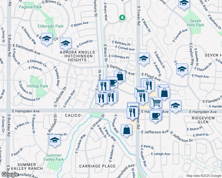 map of restaurants, bars, coffee shops, grocery stores, and more near 18211 East Girard Avenue in Aurora