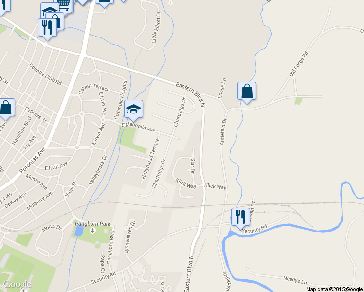 map of restaurants, bars, coffee shops, grocery stores, and more near 413 E Magnolia Ave in Hagerstown