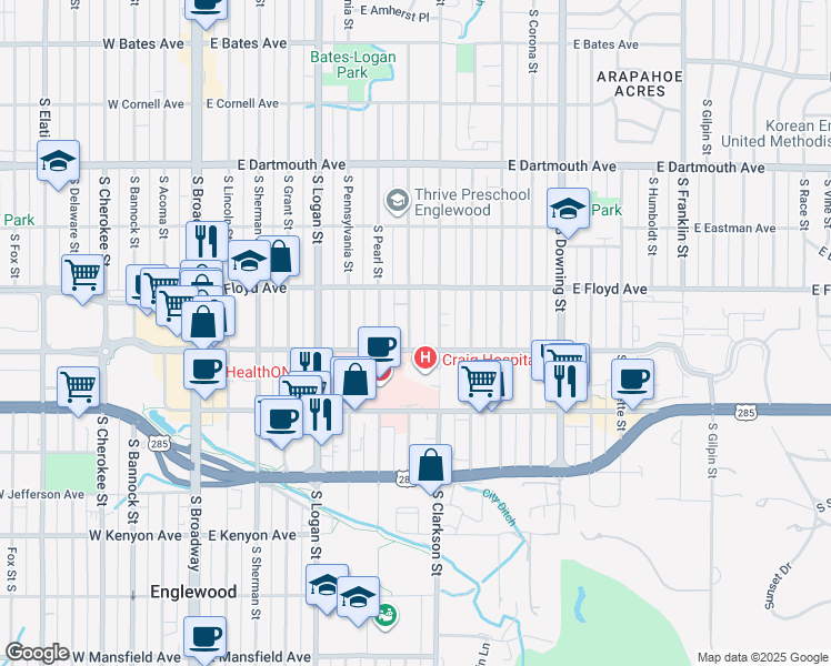 map of restaurants, bars, coffee shops, grocery stores, and more near 3372 South Washington Street in Englewood