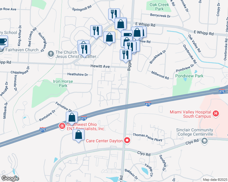 map of restaurants, bars, coffee shops, grocery stores, and more near 1450 Carriage Trace Boulevard in Centerville