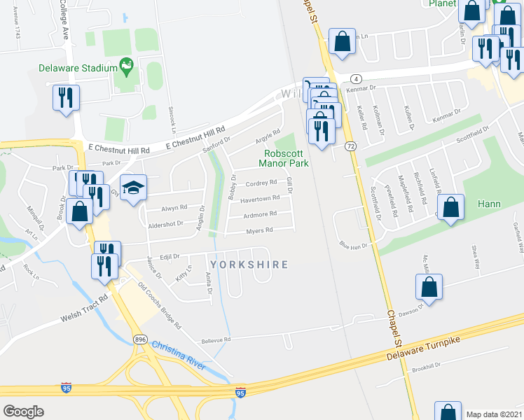 map of restaurants, bars, coffee shops, grocery stores, and more near 14 Ardmore Drive in Newark