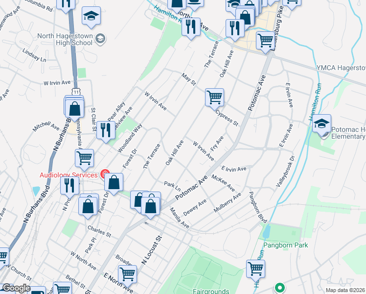 map of restaurants, bars, coffee shops, grocery stores, and more near 1016 Oak Hill Avenue in Hagerstown