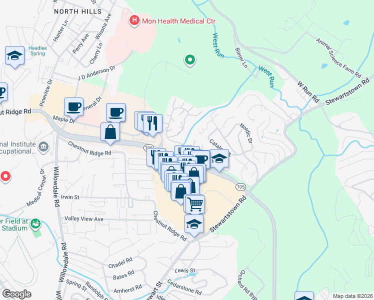 map of restaurants, bars, coffee shops, grocery stores, and more near 3119 Sun View in Morgantown