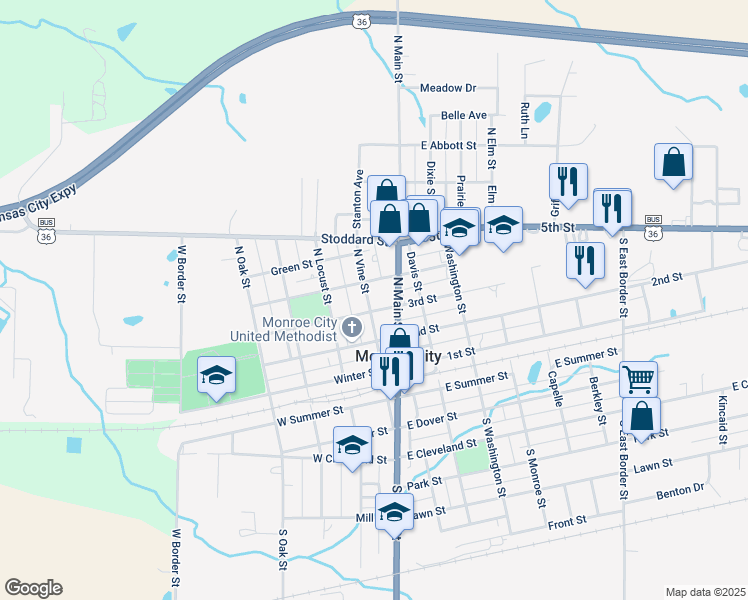 map of restaurants, bars, coffee shops, grocery stores, and more near 118 Court Street in Monroe City