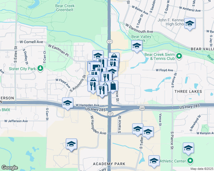 map of restaurants, bars, coffee shops, grocery stores, and more near 7729 West Girton Avenue in Lakewood