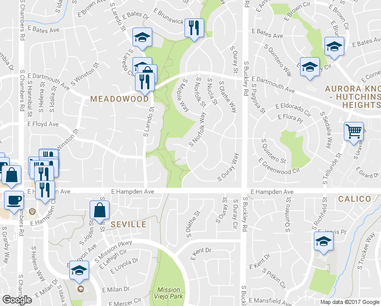 map of restaurants, bars, coffee shops, grocery stores, and more near 16506 East Girard Avenue in Aurora