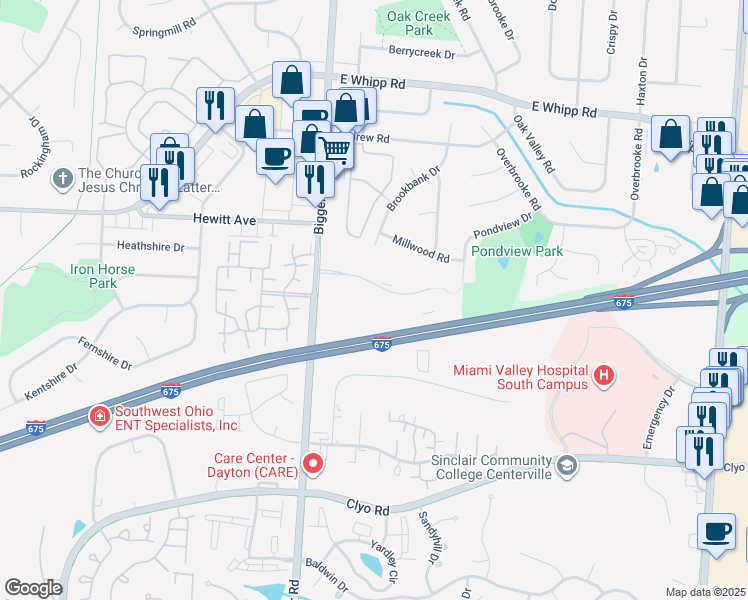 map of restaurants, bars, coffee shops, grocery stores, and more near 1720 Piper Lane in Dayton