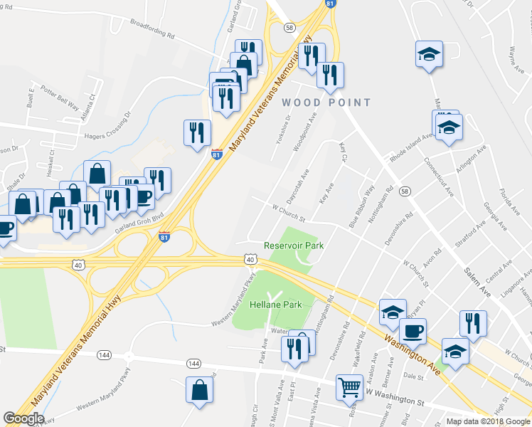 map of restaurants, bars, coffee shops, grocery stores, and more near 226 Woodpoint Avenue in Hagerstown