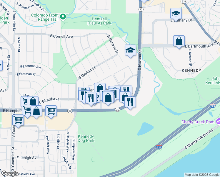 map of restaurants, bars, coffee shops, grocery stores, and more near 10025 East Girard Avenue in Denver