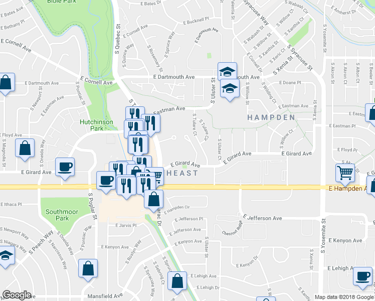 map of restaurants, bars, coffee shops, grocery stores, and more near 3300 South Tamarac Drive in Denver
