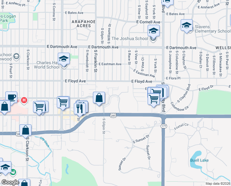 map of restaurants, bars, coffee shops, grocery stores, and more near 1801 East Girard Place in Englewood