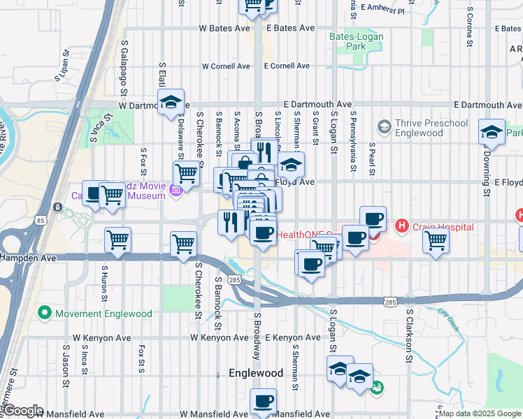 map of restaurants, bars, coffee shops, grocery stores, and more near 3400 South Broadway in Englewood