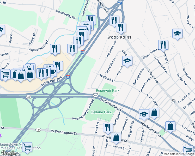 map of restaurants, bars, coffee shops, grocery stores, and more near 226 Woodpoint Avenue in Hagerstown
