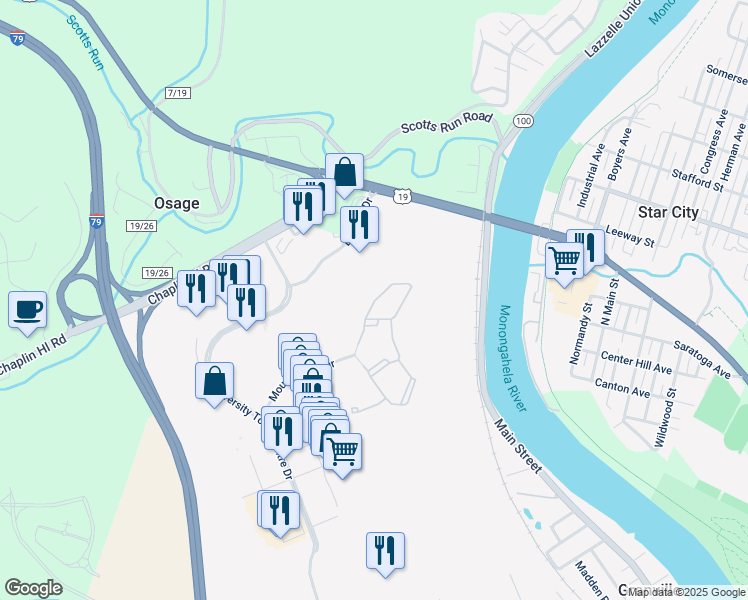 map of restaurants, bars, coffee shops, grocery stores, and more near Domain Drive in Granville