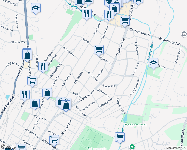 map of restaurants, bars, coffee shops, grocery stores, and more near 1100 Hamilton Boulevard in Hagerstown