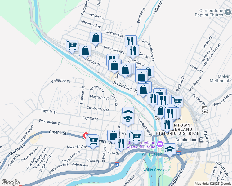 map of restaurants, bars, coffee shops, grocery stores, and more near 305 North Lee Street in Cumberland