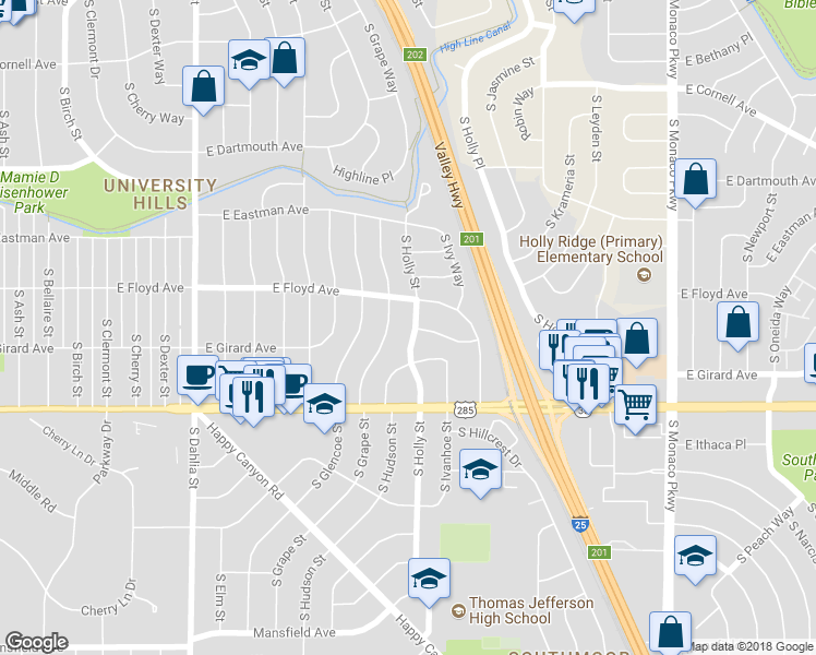 map of restaurants, bars, coffee shops, grocery stores, and more near 3347 South Holly Street in Denver