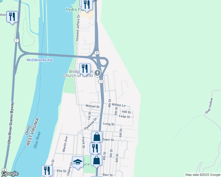 map of restaurants, bars, coffee shops, grocery stores, and more near 1105 4th St in New Martinsville