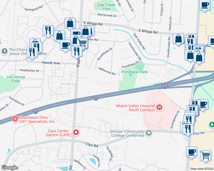 map of restaurants, bars, coffee shops, grocery stores, and more near 1840 Piper Lane in Dayton