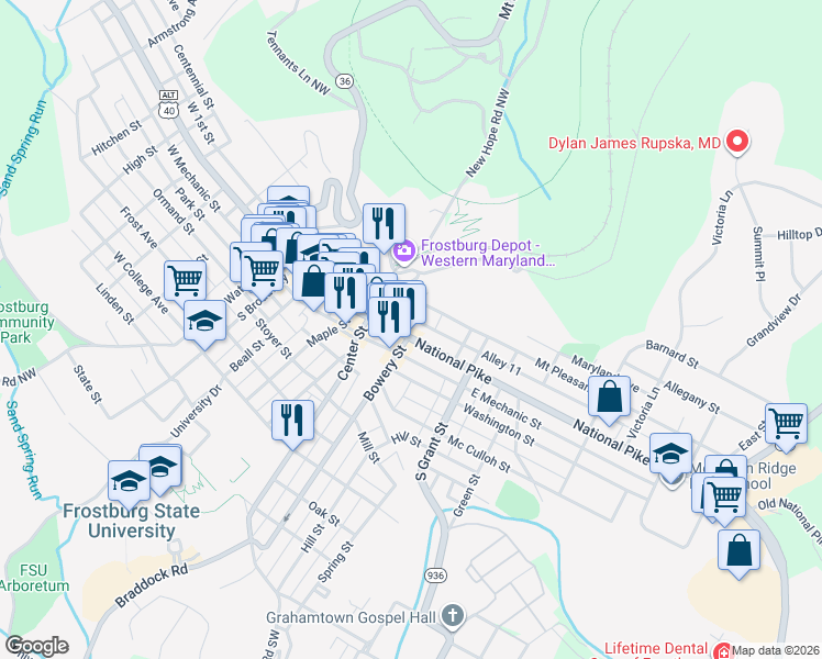 map of restaurants, bars, coffee shops, grocery stores, and more near 144 East Main Street in Frostburg