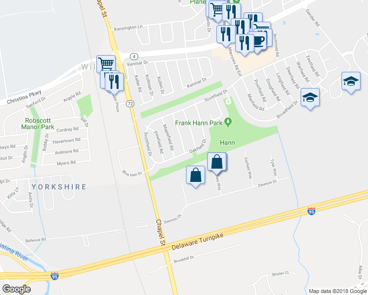 map of restaurants, bars, coffee shops, grocery stores, and more near 1028 Richfield Road in Newark