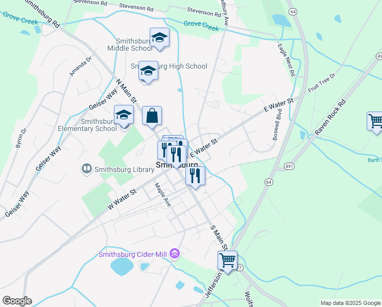map of restaurants, bars, coffee shops, grocery stores, and more near 15 East Water Street in Smithsburg