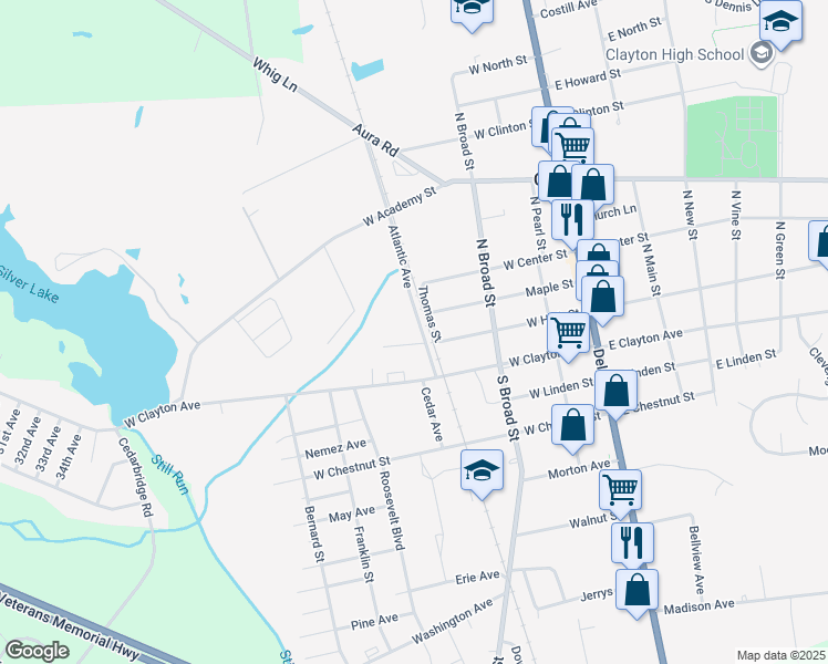 map of restaurants, bars, coffee shops, grocery stores, and more near 116 Atlantic Avenue in Clayton