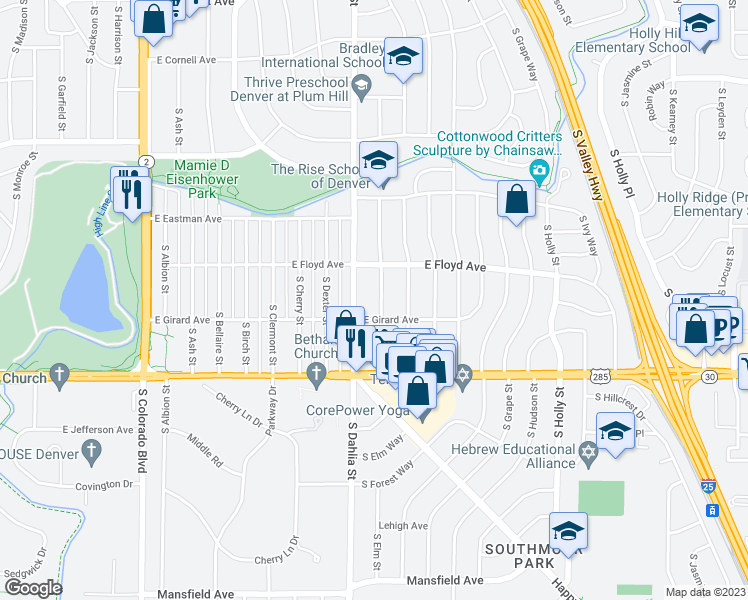 map of restaurants, bars, coffee shops, grocery stores, and more near 3361 South Eudora Street in Denver