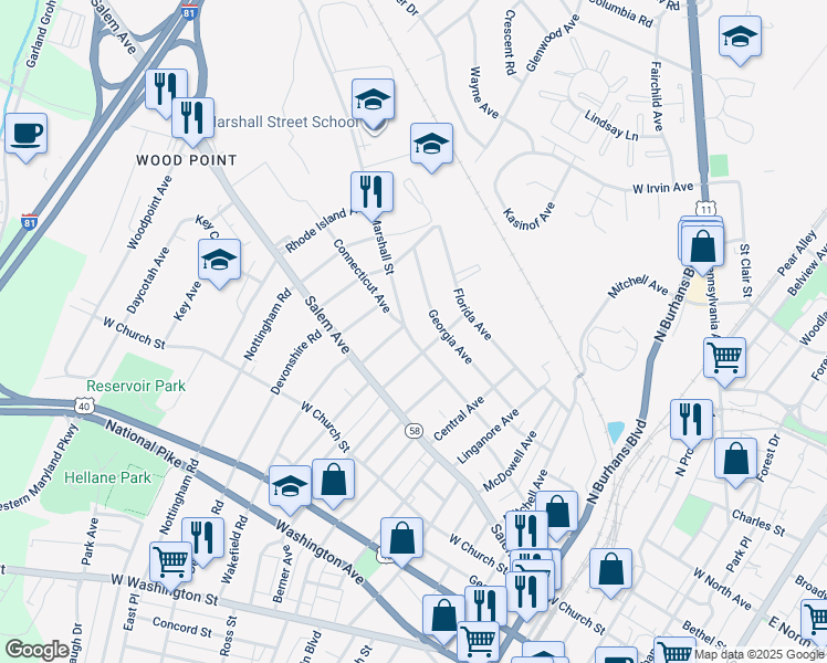 map of restaurants, bars, coffee shops, grocery stores, and more near 1032 Marshall Street in Hagerstown