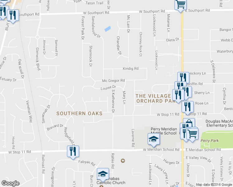 map of restaurants, bars, coffee shops, grocery stores, and more near 7525 South Katherine Drive in Indianapolis