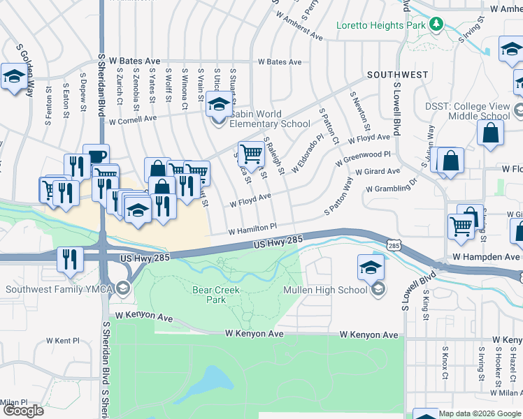 map of restaurants, bars, coffee shops, grocery stores, and more near 3370 South Utica Street in Denver
