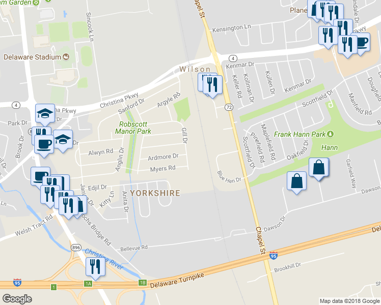 map of restaurants, bars, coffee shops, grocery stores, and more near 46 Gill Drive in Newark