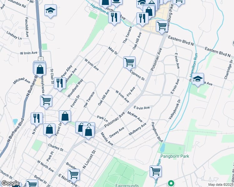 map of restaurants, bars, coffee shops, grocery stores, and more near 1041 Hamilton Boulevard in Hagerstown
